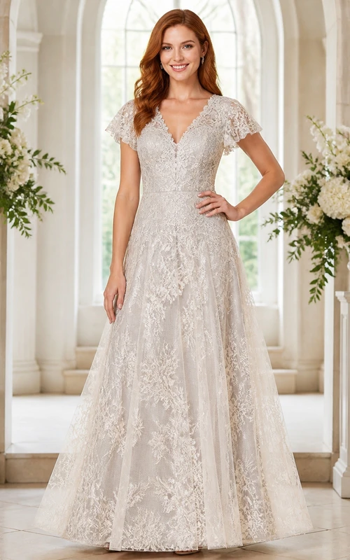 Vestido de madre modesto, de corte A, escote en V, encaje y largo hasta el suelo, color plata.