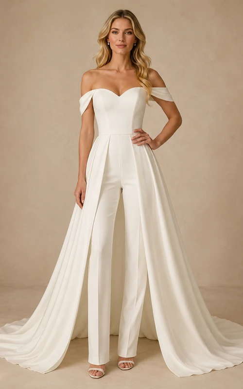 Minimalist Satin Wedding Jumpsuit Off Shoulder Sweep Train