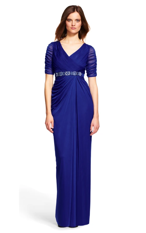 Sheath Short Sleeve V-Neck Beaded Chiffon Bridesmaid Dress