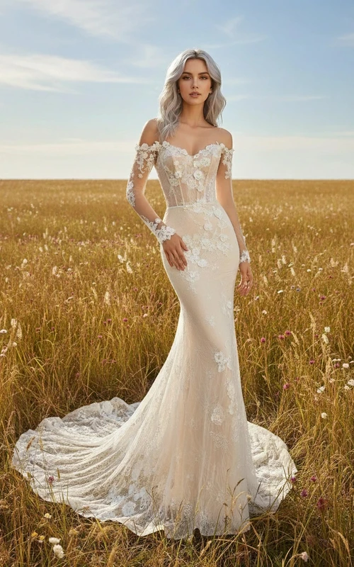Himmlisches schulterfreies Meerjungfrauen-Brautkleid aus Spitze mit floraler Stickerei