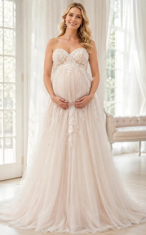 Vestido de novia romántico de tul sin tirantes con escote corazón y corte en A para embarazadas