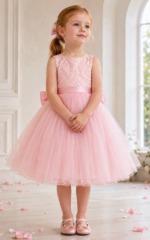 Flower Girl Dress Blushing Pink Lace Tulle A-Line Scoop Neck Tea Length Bow Back