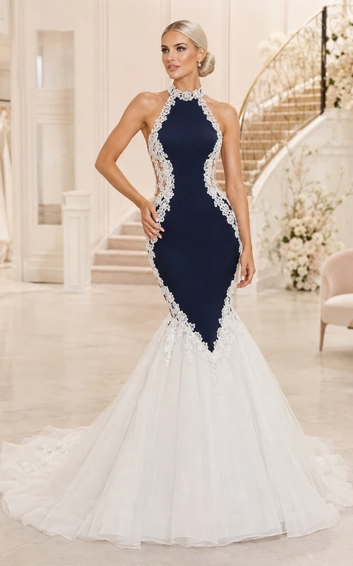 Modernes Brautkleid im Meerjungfrauen-Stil mit Farbblock-Design, ärmellos, aus Stretch-Satin