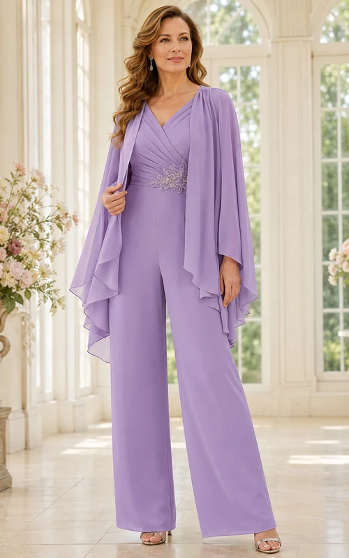 Lavender Mother Jumpsuit with V-Neck Wrap Bodice, Beaded Waist Cape and Wide Leg Pants
