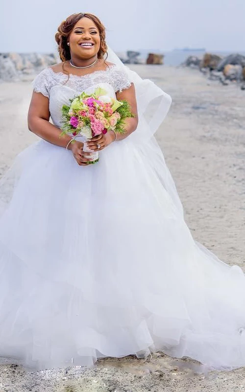 Gorgeous Plus Size Wedding Dresses Styles Summer Lace Cap Sleeves A Line Beach Bridal Gowns With Pink Ribbon Sash Tull ...