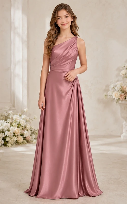 Vestido de dama de honor juvenil color rosa empolvado, corte en A, un solo hombro, sin mangas, charmeuse elegante
