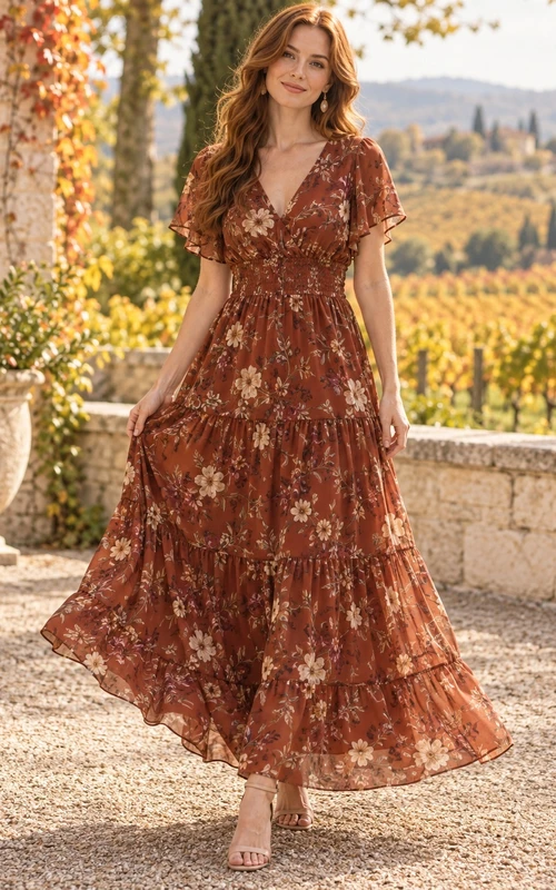 Brown Rust Floral Print A-Line V-Neck Flutter Sleeve Autumn Guest Dress