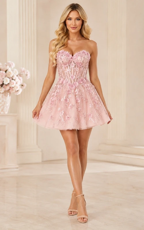 Rosafarbenes Mini-Abendkleid mit herzförmigem Ausschnitt, Spaghettiträgern, floraler Spitze und Tüll in A-Linie