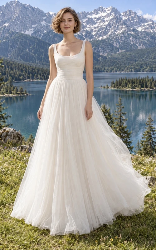 Vestido de novia sencillo de tul, corte en A, escote redondo, tirantes anchos, sin mangas, cola larga.