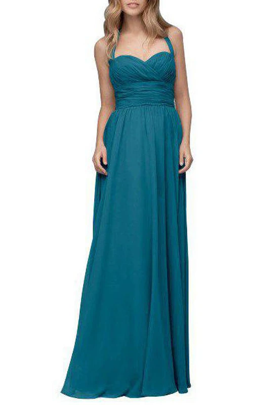 Robe de demoiselle d'honneur longue en mousseline froncée à col halter