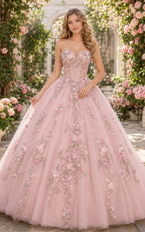 Vestido de fiesta formal de princesa sin tirantes con estampado floral "Jardín Encantado" en rosa rubor