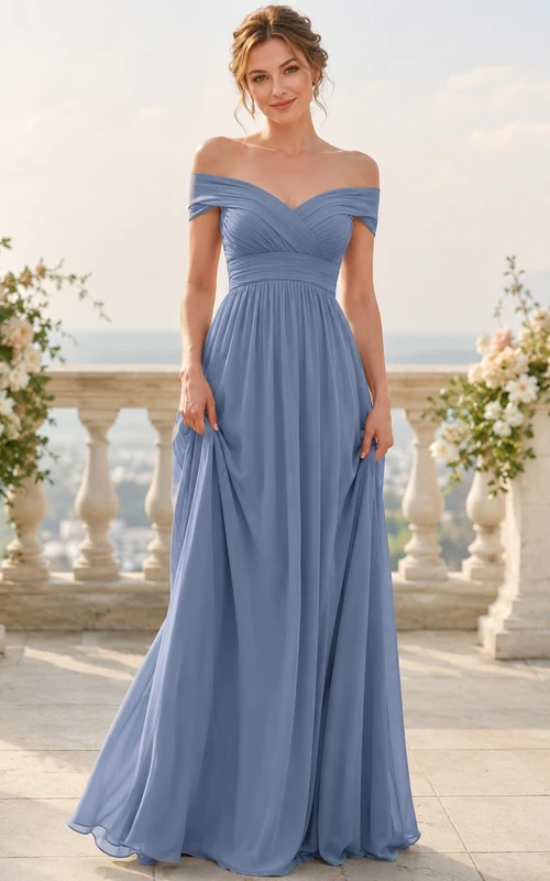 Steel Blue Off-Shoulder Pleated Chiffon A-Line Floor-Length Romantic Formal Bridesmaid Dress