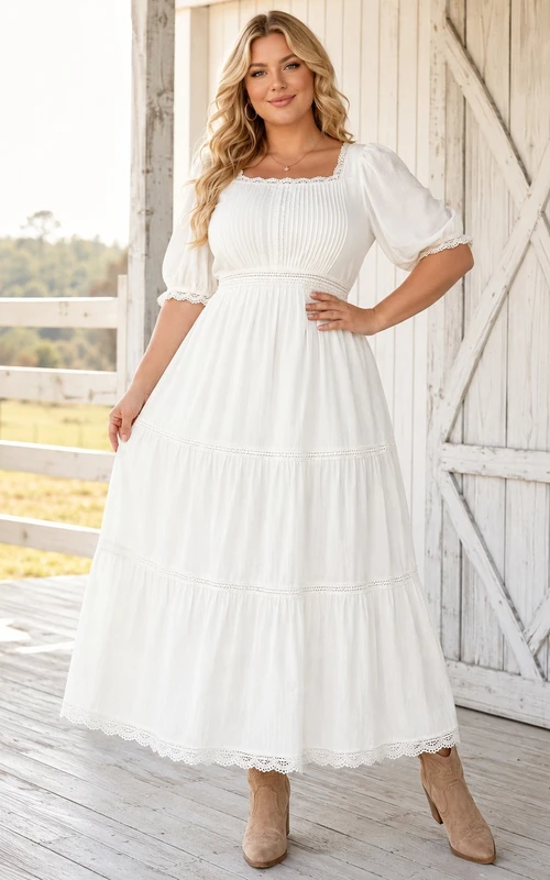 Plus Size Western Cotton Kleid mit Dreiviertel-Puffärmeln, eckigem Ausschnitt und Stufenrock in Teelänge,