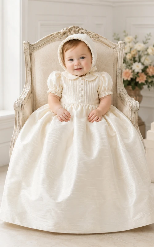 Vestido de bautizo de seda dupioni, corte A, manga corta, corpiño de encaje, estilo vintage, elegante y adorable, con detalles de joyas.