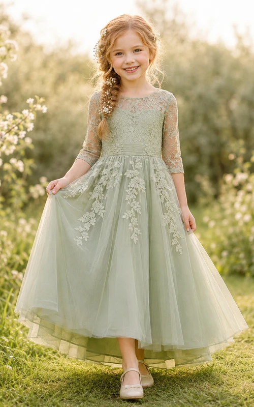 Salbeigrünes, schlichtes, knöchellanges A-Linien-Tüllkleid mit Ärmeln für Blumenmädchen bei Gartenhochzeiten
