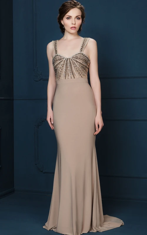 Vestido de noche largo de jersey sin mangas con tirantes y detalles de cuentas, estilo tubo.