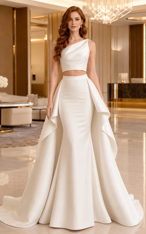 One Shoulder Satin Mermaid Dress Draped Overskirt Hotel Bridal Set