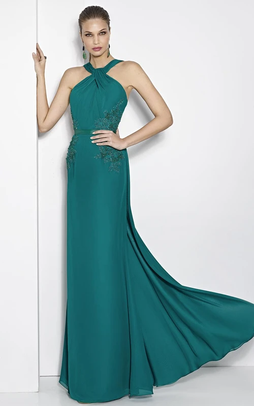 Maxi-Halterkleid, ärmellos, mit Applikationen, Chiffon, Abiballkleid