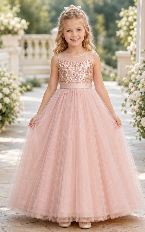 Robe de demoiselle d'honneur en dentelle rose poudré et tulle, coupe trapèze, manches courtes, col rond, longueur thé