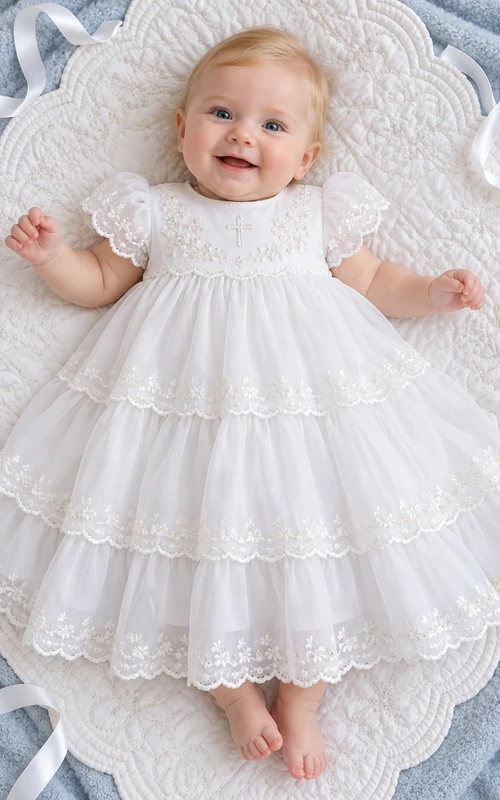 White Floral Embroidered Lace Cap Three Tier Baby Christening Dress