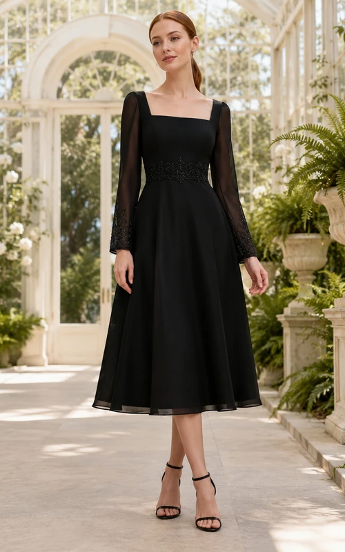 Vestido negro de corte A hasta la rodilla con escote cuadrado y mangas largas transparentes.