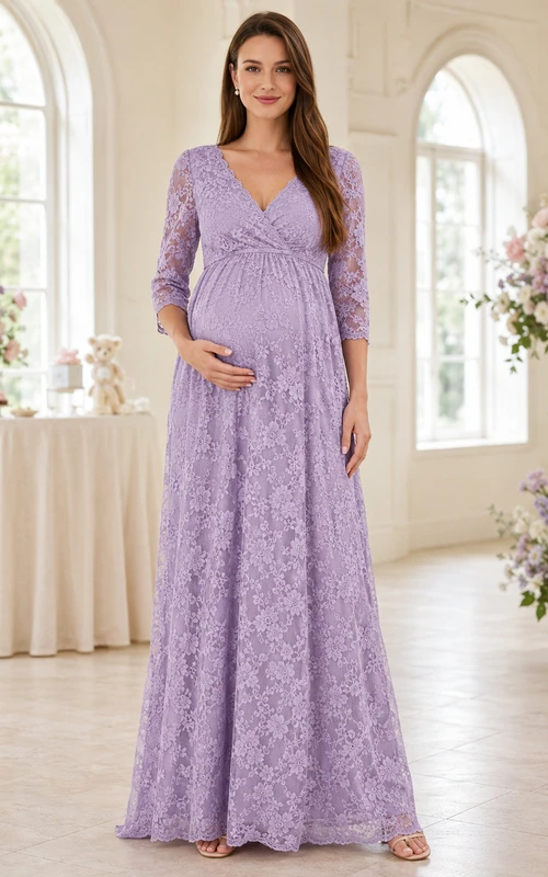 Vestido formal largo hasta el suelo con escote en V y mangas tres cuartos, color lavanda, ideal para el tercer trimestre de maternidad.