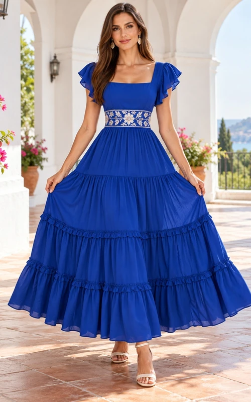 Square Neck Cumbia Royal Blue Flutter Floral Sash Tiered Dress