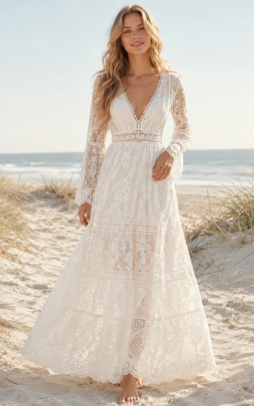 Vestido de novia bohemio romántico de corte A, largo hasta el suelo, con escote en V y mangas largas, de encaje completo, estilo bohemio, ideal para bodas en la playa.