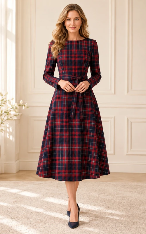 Vestido midi de invierno de manga larga estilo barco con estampado de tartán rojo