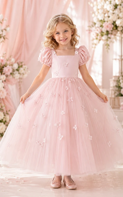 Vestido de niña de las flores, color rosa empolvado, encaje y tul, corte en A, manga corta, cuello joya, largo midi.