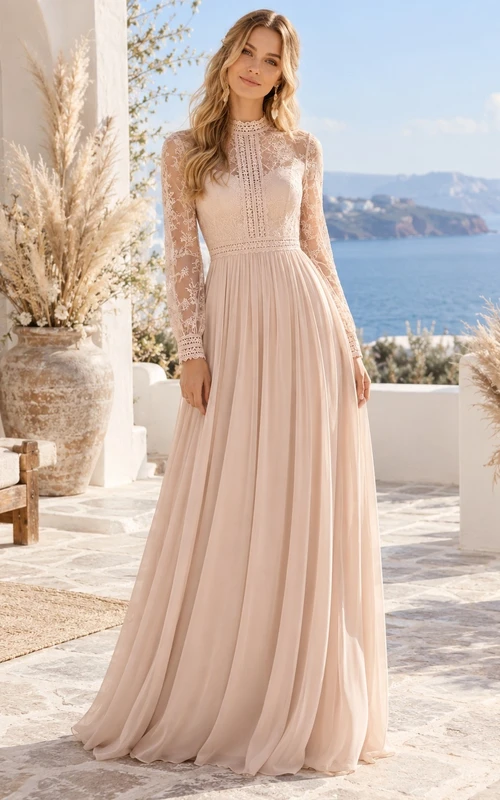 Vestido largo de dama de honor estilo bohemio de manga larga, cuello alto, encaje y gasa color champán.