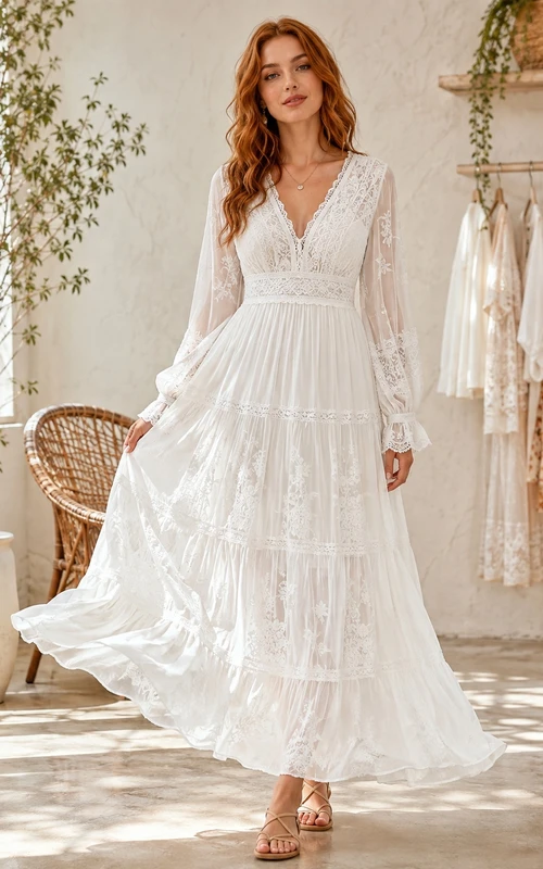 White Lace V Neck Long Sleeve Chiffon A-Line Floor Length Bohemian Dress