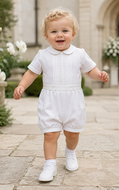 White Pintuck Sailor Collar Short Sleeve Christening Baby Romper for Baby Boy