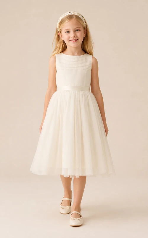 Lace Tulle A-Line Flower Girl Dress with Short Sleeves, Jewel Neck and Tea-Length Skirt