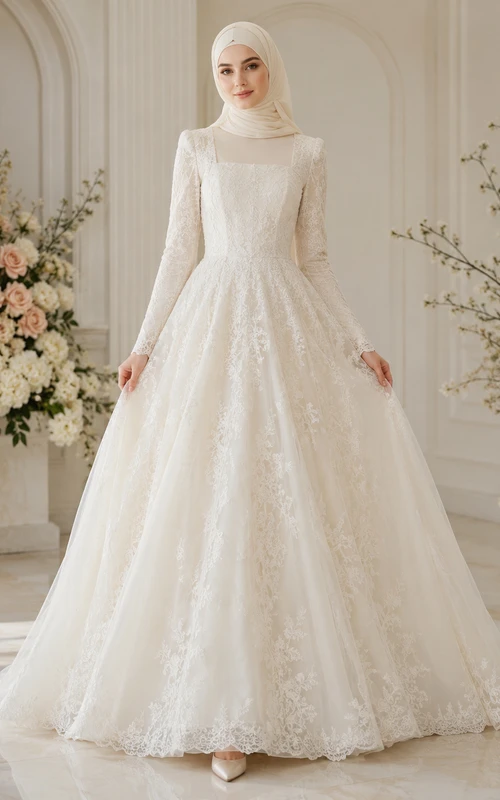 Vestido de novia musulmán de corte A con escote cuadrado y encaje discreto