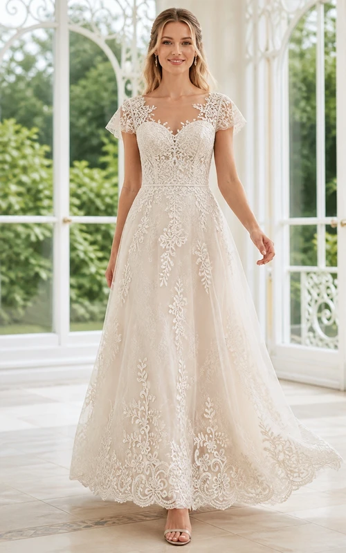 Vestido de novia vintage de talla grande con escote en V profundo, apliques de encaje y mangas cortas