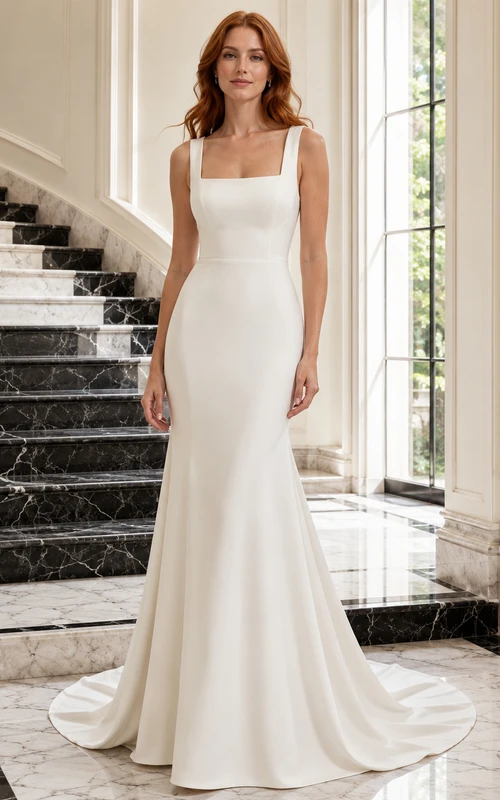 Robe de mariée minimaliste en satin, coupe sirène, col carré, sans manches, traîne.