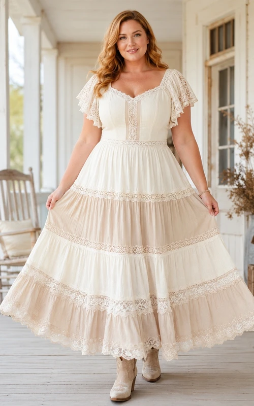 Vestido de encaje de cuello cuadrado color marfil, largo hasta la rodilla, estilo western, talla grande.