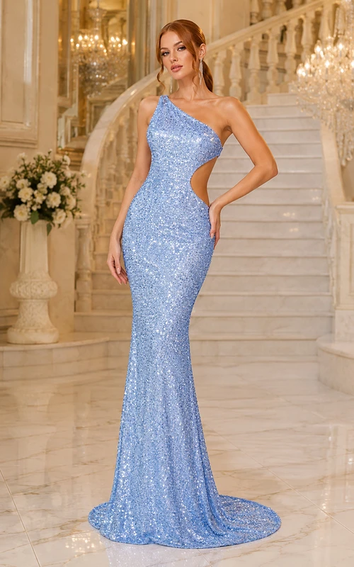 Himmelblaues Pailletten-Meerjungfrauen-Abendkleid mit One-Shoulder