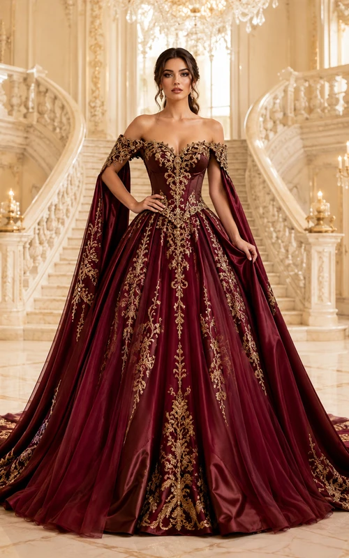 Vestido de quinceañera de lujo color borgoña con hombros descubiertos, bordado, de terciopelo, con mangas tipo capa y cola catedral.