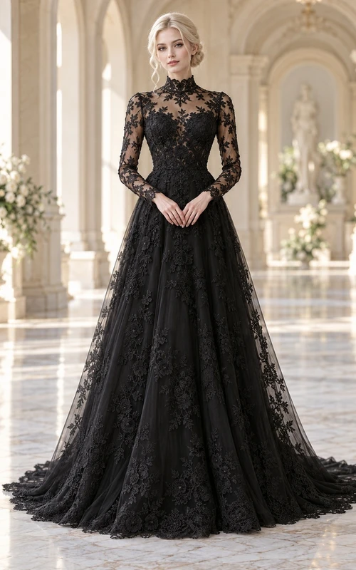 Black Modest High Neck Long Sleeve Lace A-line Train Wedding Dress
