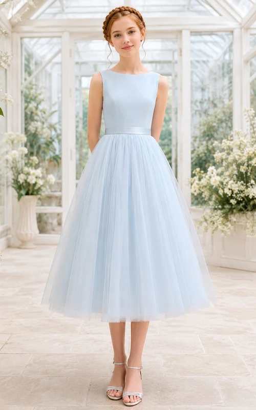 Vestido de dama de honor juvenil Mist, corte en A, largo hasta la rodilla, escote barco, sin mangas, falda amplia, estilo romántico.