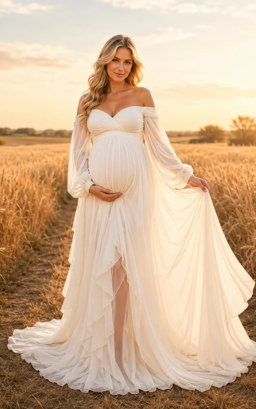 Helles, schulterfreies Umstandskleid mit Bischofsärmeln für Fotoshootings