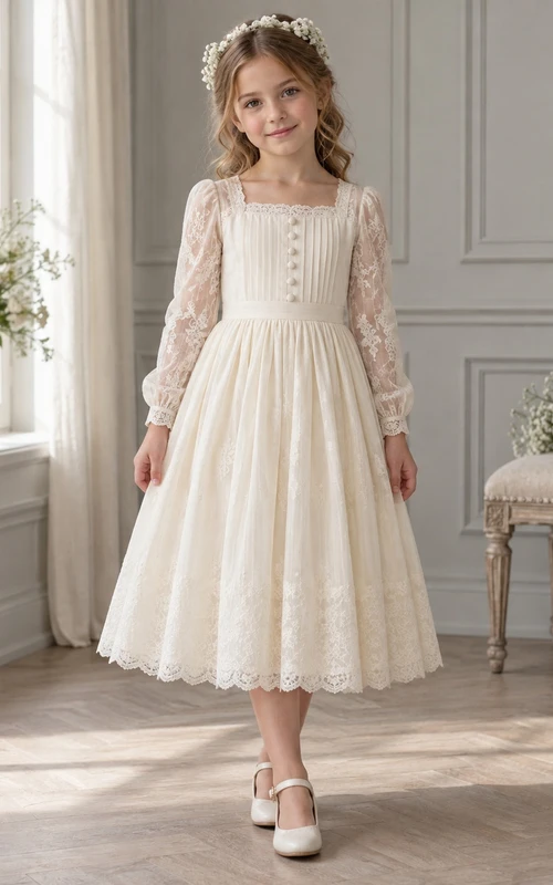 Vestido de niña de flores de manga larga, cuello cuadrado, largo hasta la rodilla, color marfil, estampado floral, corte en A, encaje, con botones delanteros.