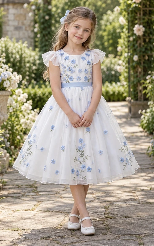 Tea-length Ivory Blue Floral Flutter Sleeve Tulle Bow Flower Girl Dress