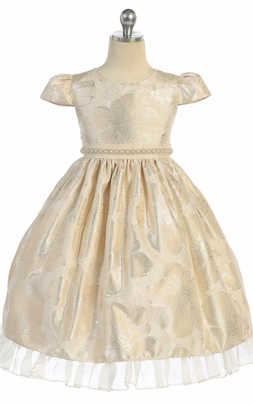 Teelanges, ärmelloses, perlenbesetztes Organza-Blumenmädchenkleid mit Rüschen