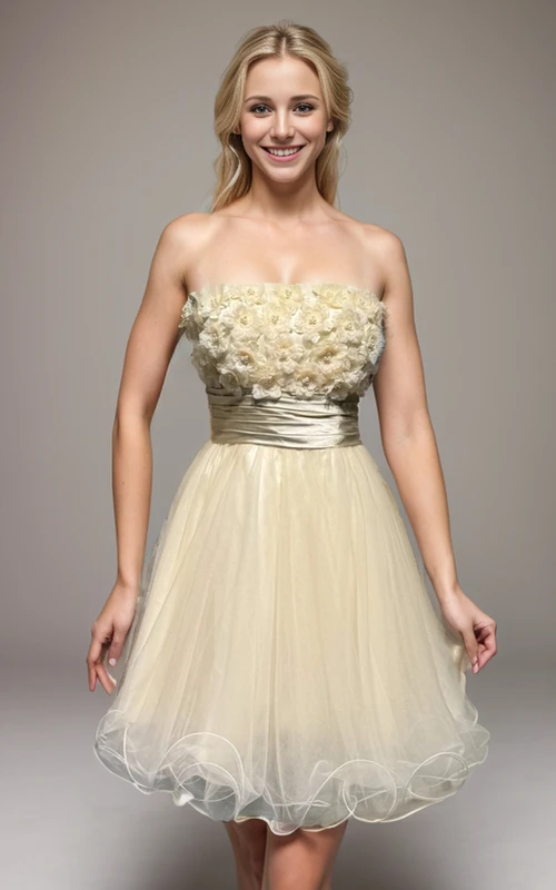 Robe courte empire en tulle champagne décontractée, coupe trapèze, ornée de fleurs.