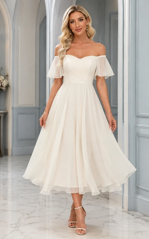 Elfenbeinfarbenes Chiffonkleid in Teelänge mit schulterfreiem Ausschnitt, flatternden Ärmeln und A-Linien-Schnitt