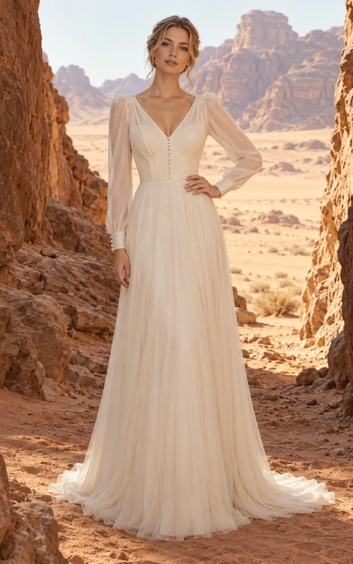 Vestido de novia sencillo de corte A con escote en V, manga larga y cintura fruncida