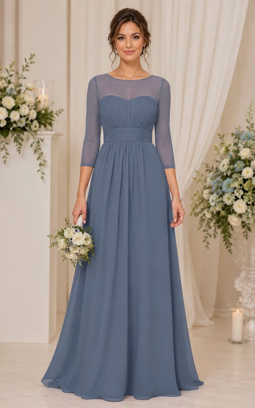 Robe en mousseline bleu acier à manches 3/4 illusion et coupe trapèze